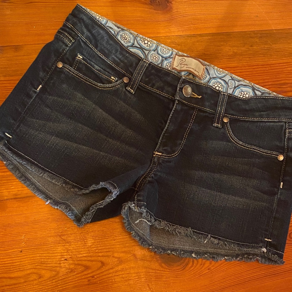 PAIGE Dark Indigo Frayed Hem Denim Shorts